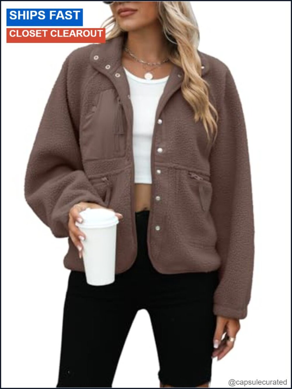 Women's Fleece Sherpa Button Up Jacket Fuzzy Oversized Warm Winter Outwear